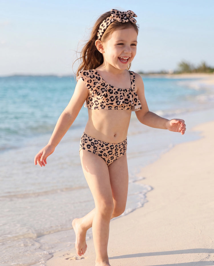 3Pcs Toddler Girl Leopard Print Ruffled Two-piece Swimsuit Set Colorful