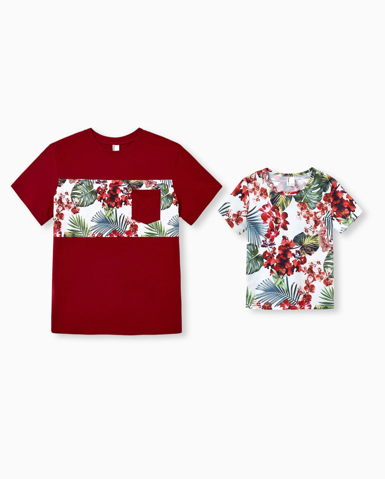 Daddy & Son Floral Print Outfits Tropical Print Spaghetti Strap Body-con Dress for Mom & Daughter, Color-Blocked T-Shirts for Dad & Son Perfect for Summer Vacations & Family Photos Red