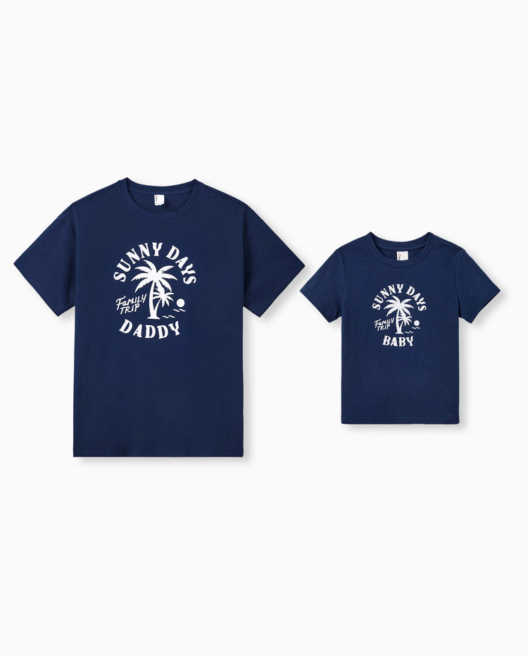 Conjunto de Camiseta y Vestido de Algodón Daddy & Son – Estampado de Palmeras Días Soleados para Papá, Mamá, Bebé y Niño Pequeño, Perfecto para Vacaciones de Verano y Salidas Familiares Azul Tibetano