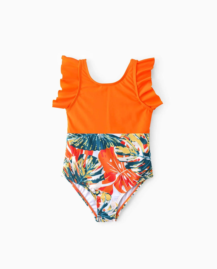 Toddler Girl Orange and All Over Tropical Plant Print Splicing Ruffle One-Piece Swimsuit Orange color