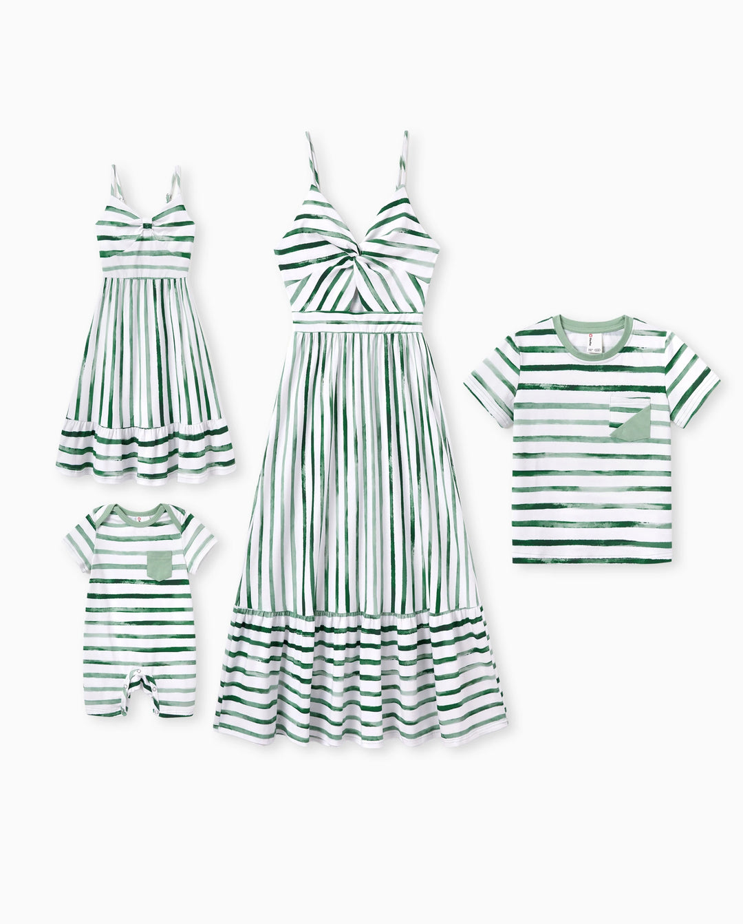 Ensemble de tenues en coton Maman & Moi Ensemble T-shirt rayé vert et robe pour papa, maman, enfants & bébé, Parfait pour sorties familiales d'été & photos Vert