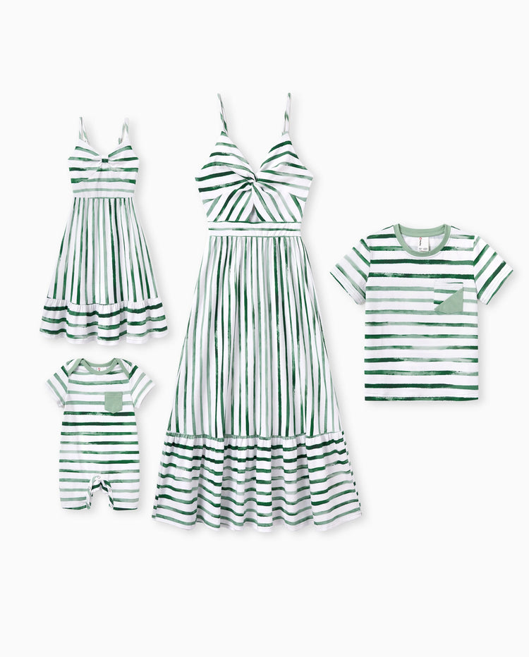 Ensemble de tenues en coton Maman & Moi Ensemble T-shirt rayé vert et robe pour papa, maman, enfants & bébé, Parfait pour sorties familiales d'été & photos Vert