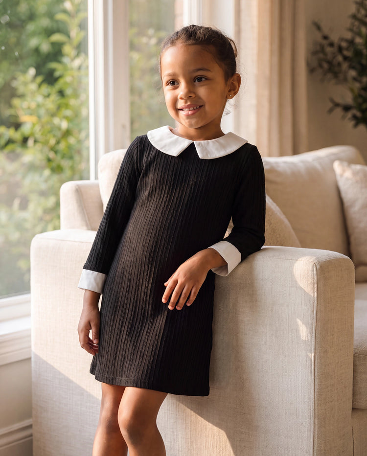 Kid Girl Avant-garde Solid Color Lapel Design Long Sleeve Dress Black