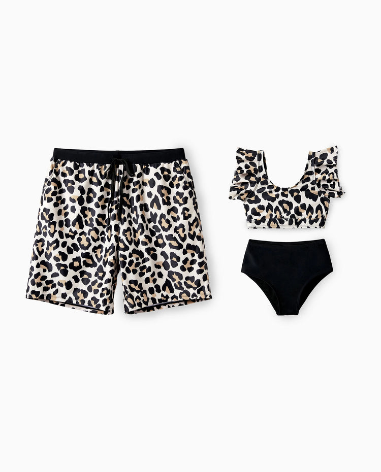 Daddy & Daughter Leopard Pattern Drawstring Swim Trunks or Ruffle Neck Two-Piece Bikini with Optional Cover Up Sarong Skirt Black