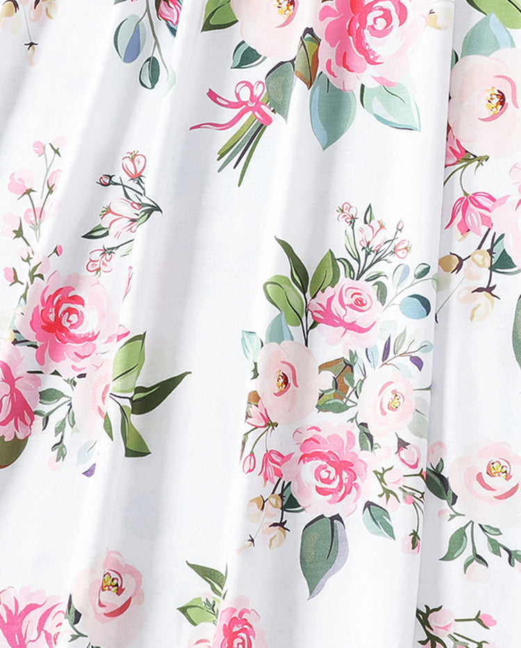 Conjuntos familiares de vestidos midi con estampado floral sin mangas en rosa y polos de manga corta con bloques de color en rosa