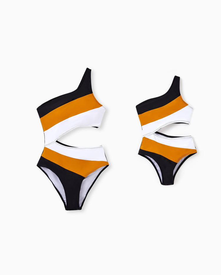 Mommy & me Colorblock Cut Out Waist One-Shoulder One-piece Swimsuit Multi-color