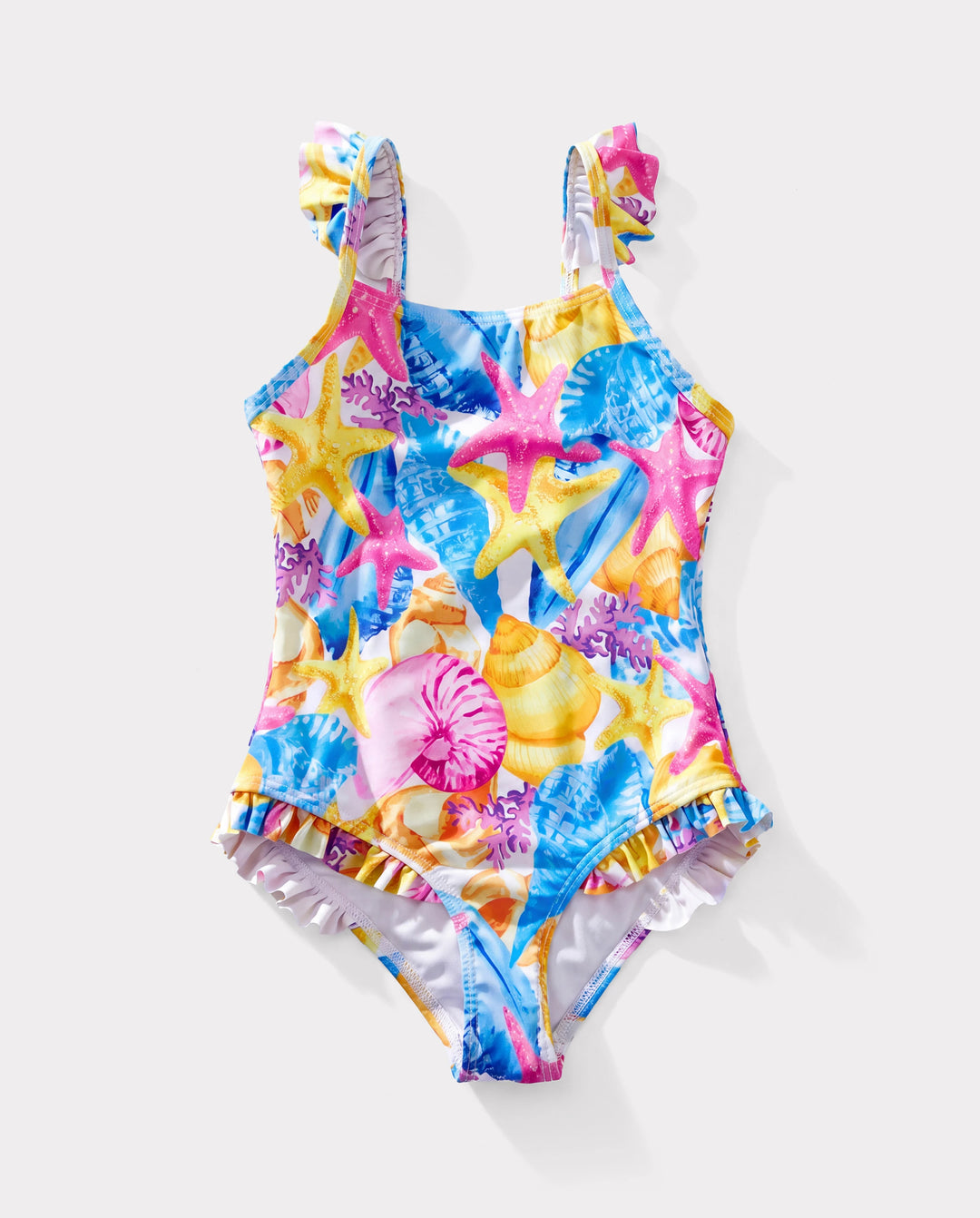Conjunto de bañador de una pieza fruncido y pantalones cortos con estampado de conchas y estrellas de mar para niña pequeña Multicolor