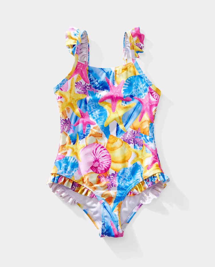 Conjunto de bañador de una pieza fruncido y pantalones cortos con estampado de conchas y estrellas de mar para niña pequeña Multicolor