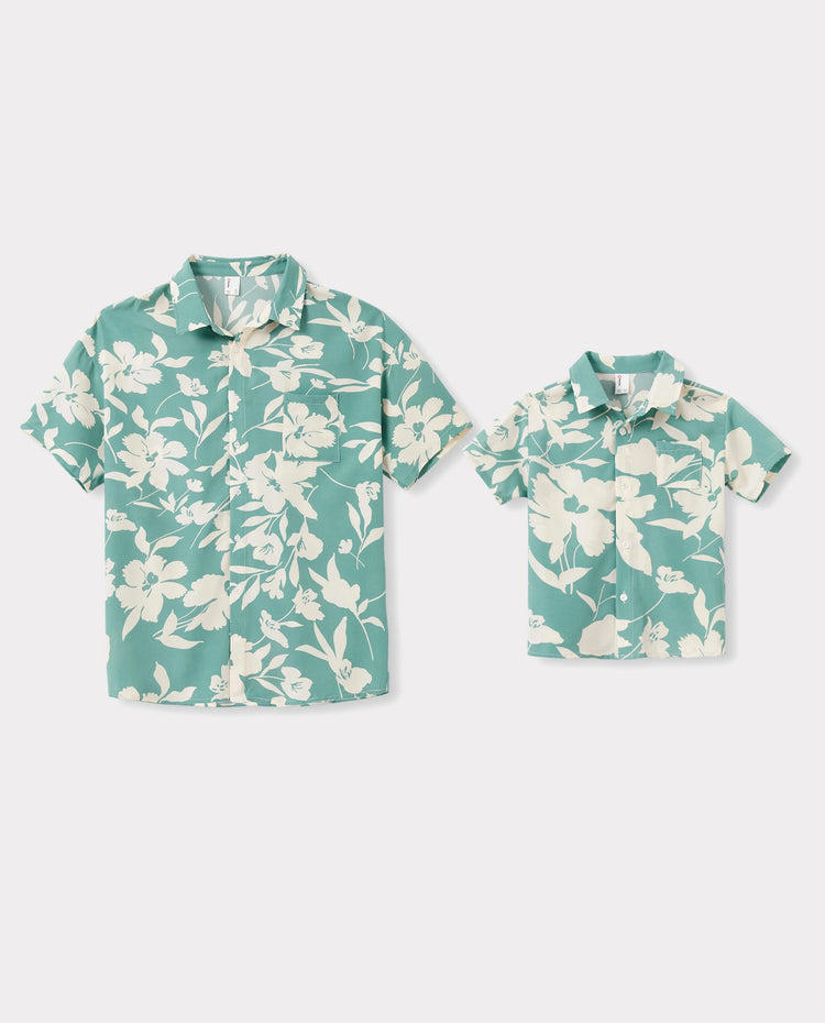 Daddy & Son Leaf Print Green Short-sleeve Shirt Set Green