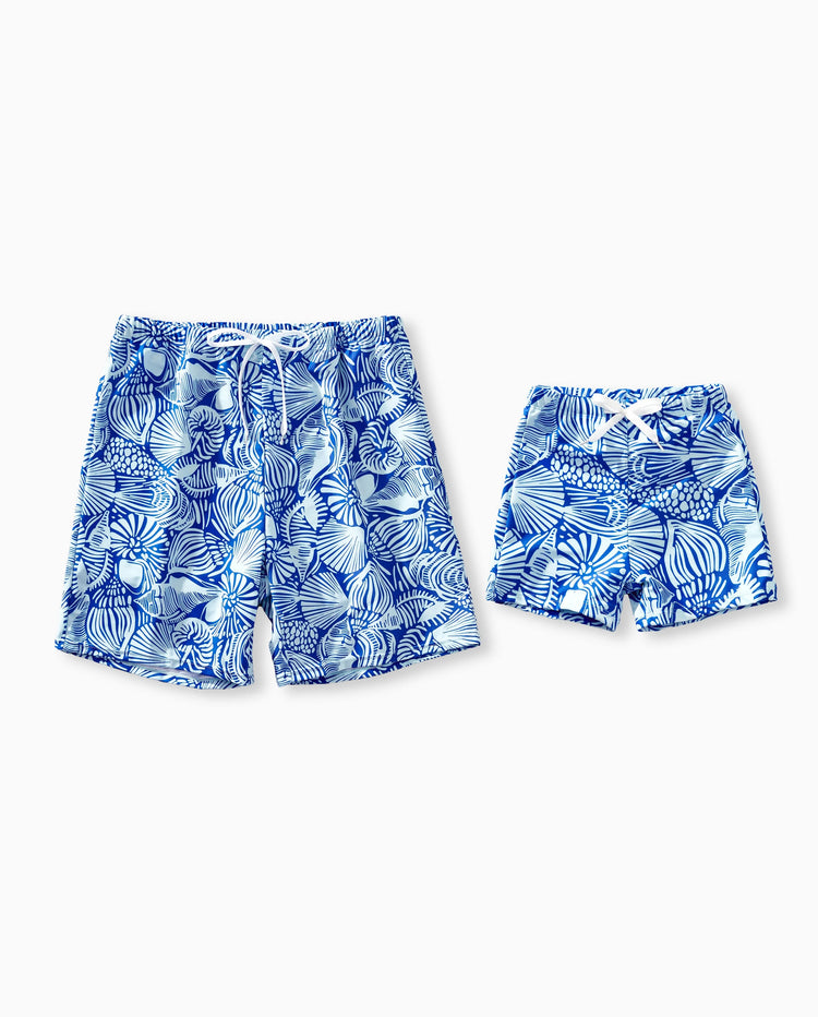 Traje de baño con estampado de conchas para papá e hijo Bikini floral de dos piezas y set de shorts para mamá, papá y niños, perfecto para días de playa y fiestas en la piscina azul