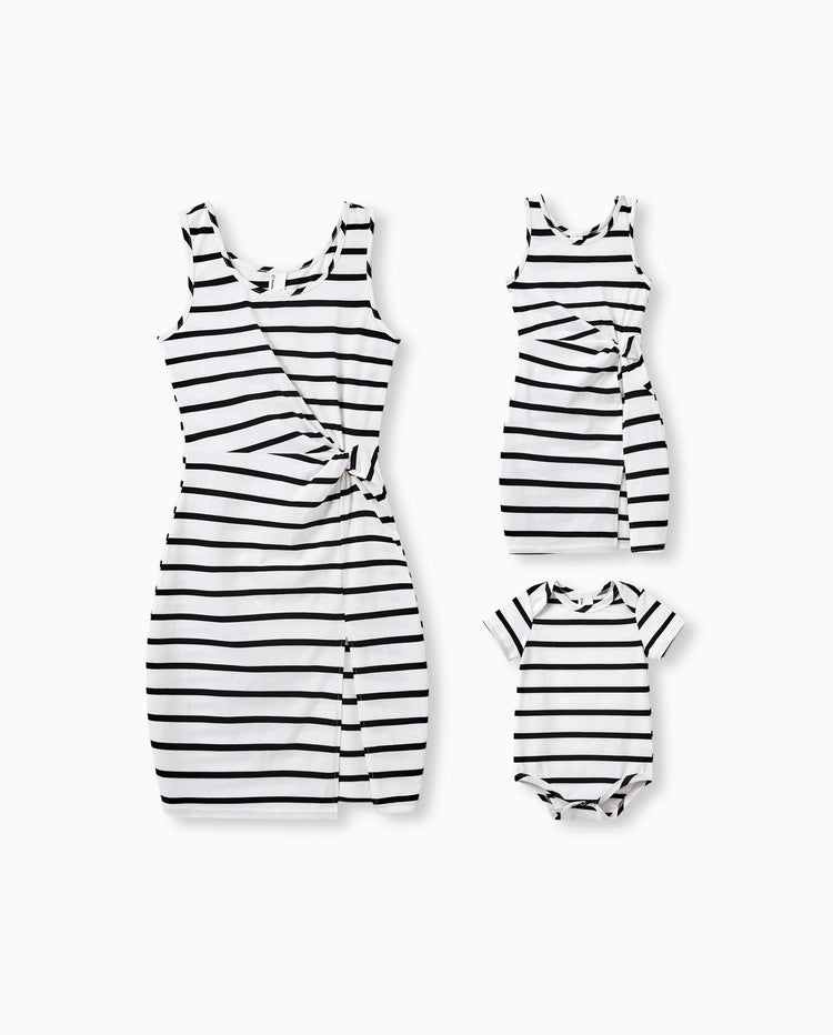 Conjunto Mamá y Yo Vestido Ajustado de Algodón con Tirantes Negro+Blanco