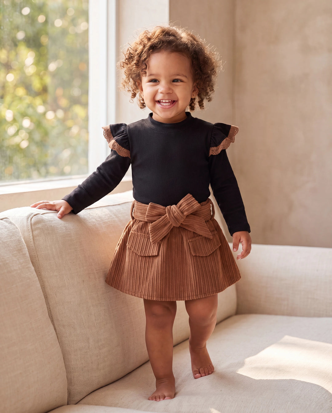 Ensemble 2 pièces pour bébé fille, haut à manches longues en dentelle et robe à ceinture, couleur unie, marron
