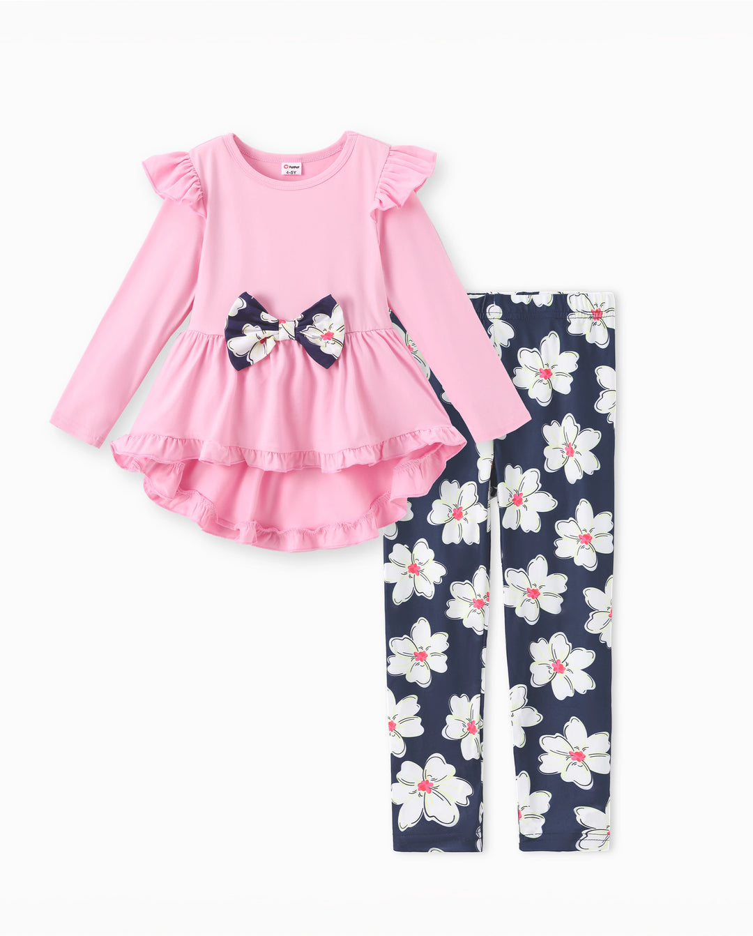 Ensemble 2 pièces pour fille avec t-shirt à manches longues et volants avec nœud papillon et pantalon imprimé floral rose