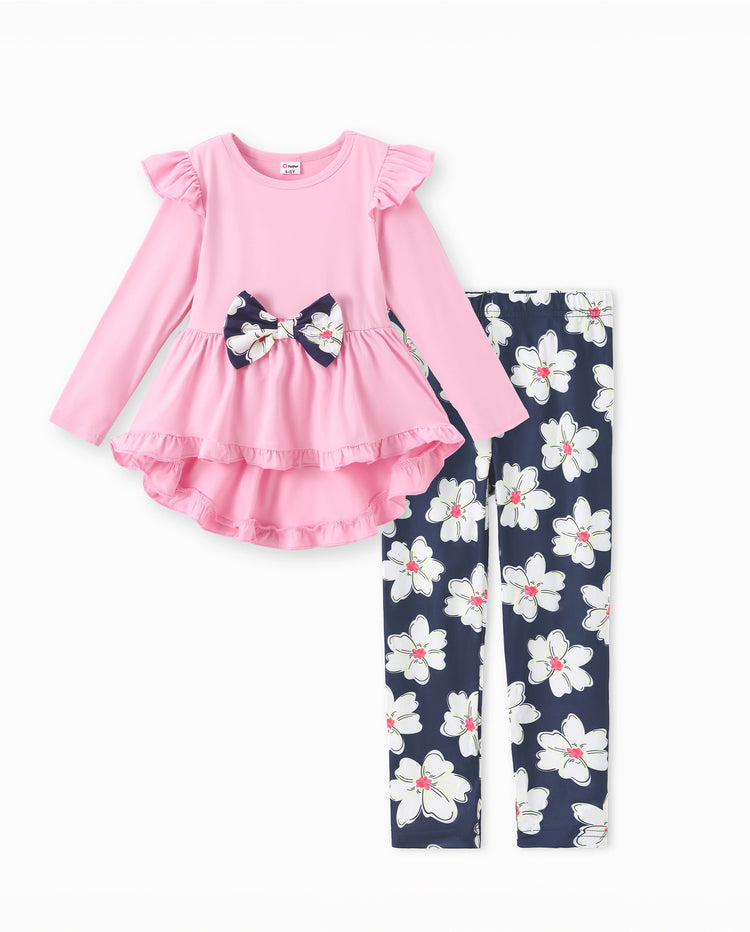 Ensemble 2 pièces pour fille avec t-shirt à manches longues et volants avec nœud papillon et pantalon imprimé floral rose