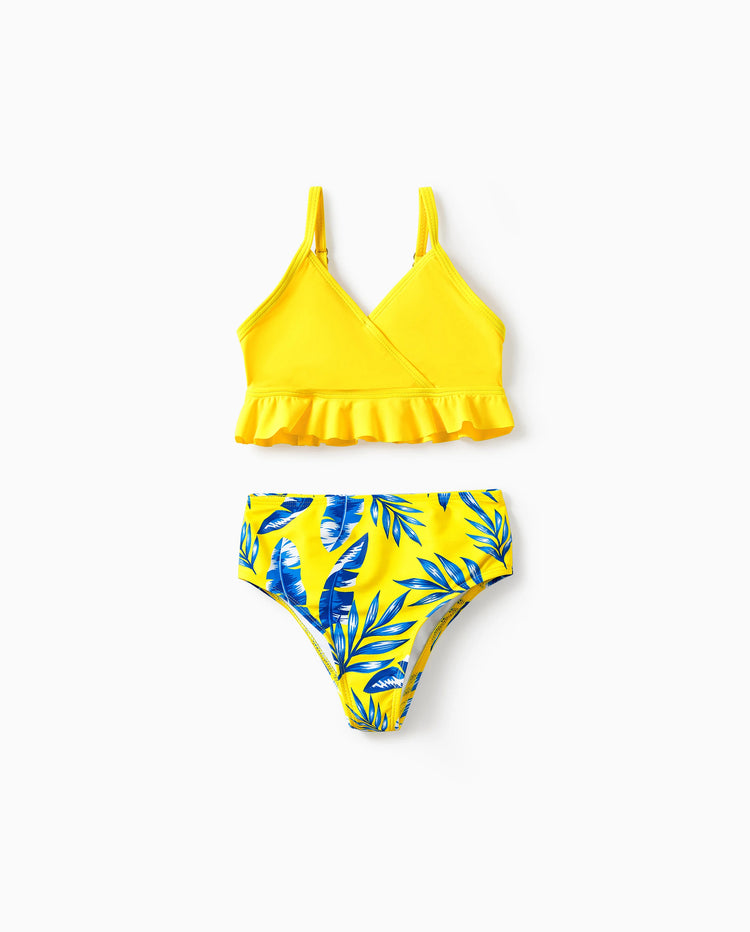 Bikini amarillo con estampado de hojas, mangas con volantes y fruncido para niña pequeña Amarillo