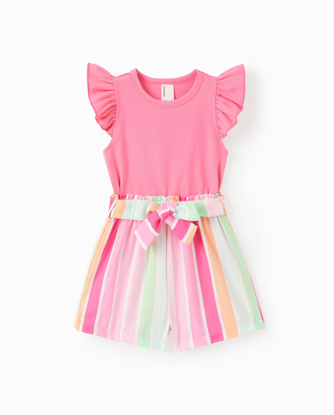 Conjunto de 2 piezas de camiseta de manga corta con volantes y pantalones cortos a rayas con cinturón para niña pequeña, color rosa intenso