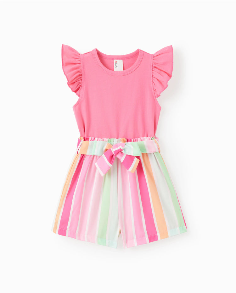 Conjunto de 2 piezas de camiseta de manga corta con volantes y pantalones cortos a rayas con cinturón para niña pequeña, color rosa intenso