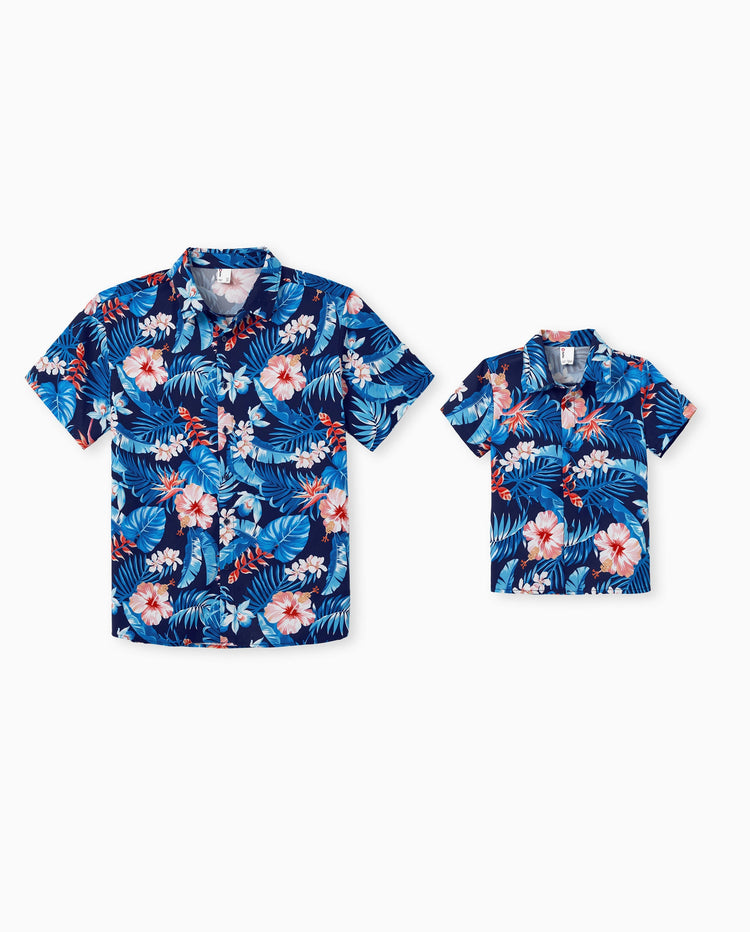 Daddy & Son Vacation Set Tropical Floral Print Shirt or Halter Dresses for Dad, Mom, Kids & Baby, Perfect for Summer Holidays & Family Photos Deep Blue