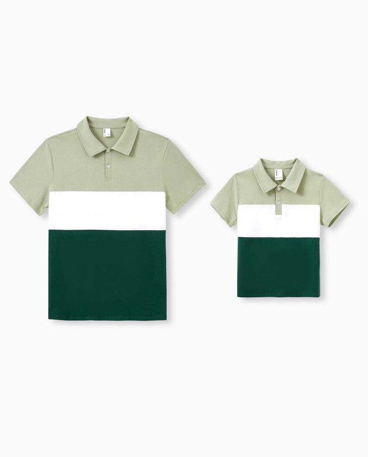 Daddy & Son Outfits Tropical Floral Print Strap Dress or Short-sleeve Colorblock Shirts Set Pale Green