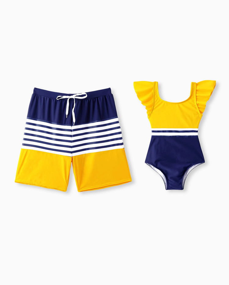 Daddy & Daughter Stripe & Colorblock Spliced One Piece Swimsuit or Swim Trunks Shorts ColorBlock