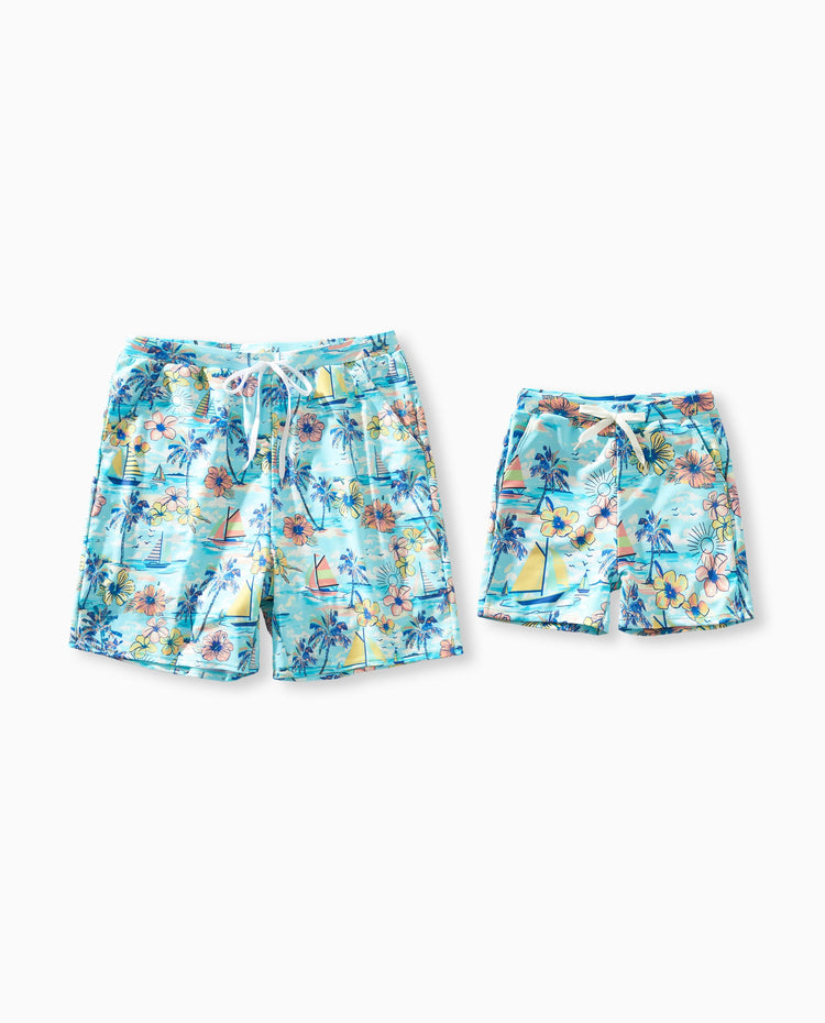 Maillots de bain Daddy & Fils à imprimé tropical, ensemble shorts de bain Daddy & Fils pour vacances d'été à la plage Bleu clair
