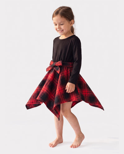 Robe à carreaux et manches longues pour petite fille, noire, avec ourlet irrégulier