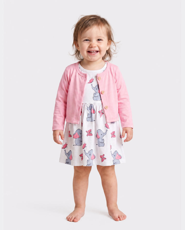 Ensemble 2 pièces pour bébé fille avec cardigan rose et robe à imprimé éléphant