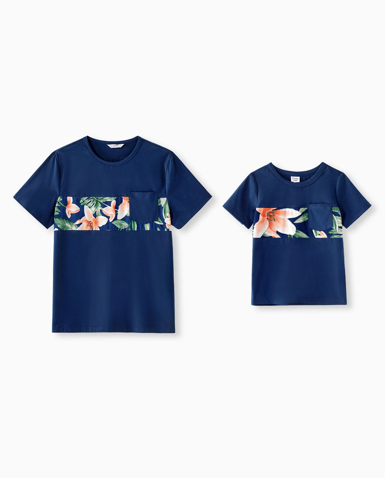 Conjuntos familiares a juego para papá y yo Camisetas de manga corta con panel floral o vestidos midi con tirantes de espagueti y estampado floral completo con cierre oculto azul real