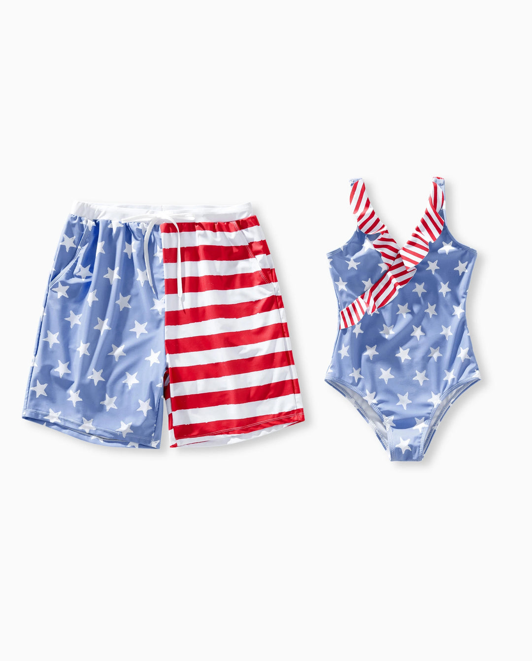 Independence Day 4th of July Daddy & Daughter Patriotic Swimwear Stars and Stripes Board Shorts or Ruffled Layers V-neck One-Piece Swimsuits Blue