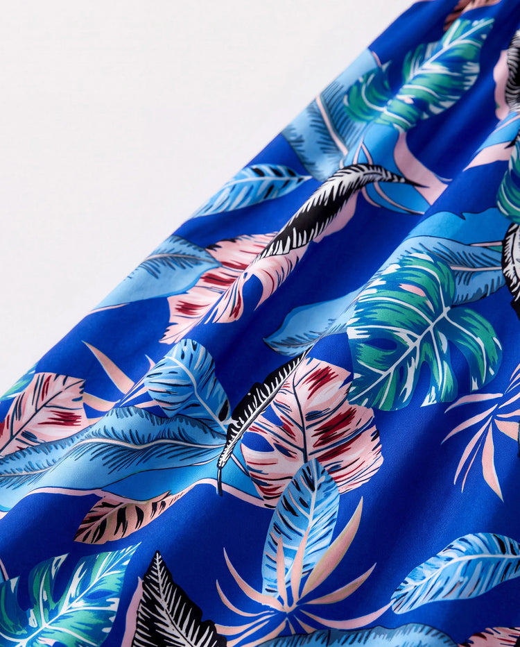 Family Matching Tropical Dress & T-shirt Set – Blue Floral Print for Dad, Mom, Girls & Baby, Perfect for Summer Vacations and Family Photos Blue
