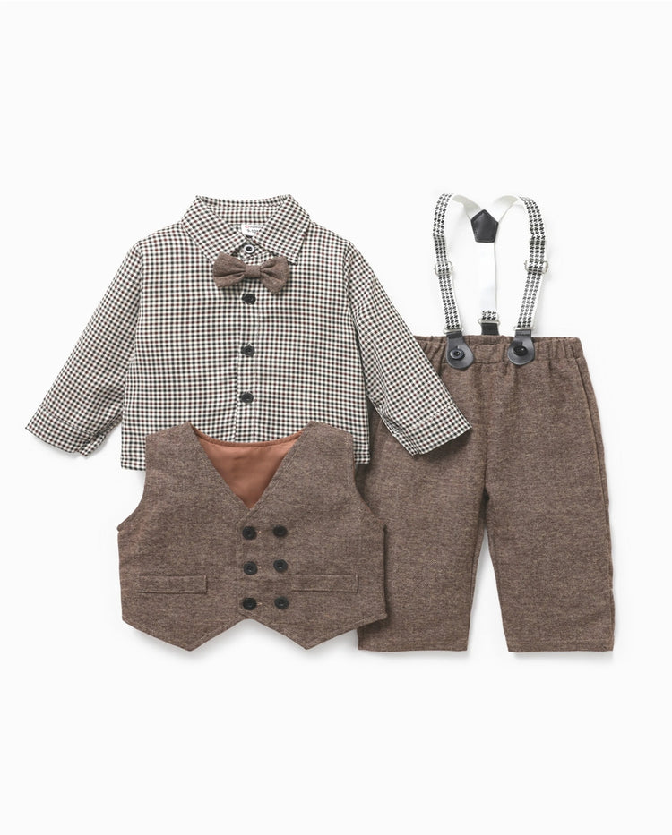 3PCS Baby Boy Elegant Grid/Houndstooth Shirt Collar Long Sleeve Set Brown