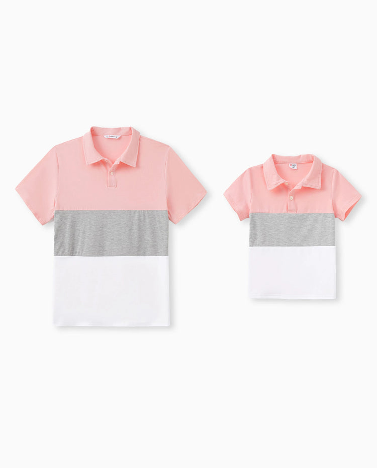 Ensembles assortis famille papa et moi robes midi sans manches à empiècement floral rose et polos manches courtes bicolores Rose