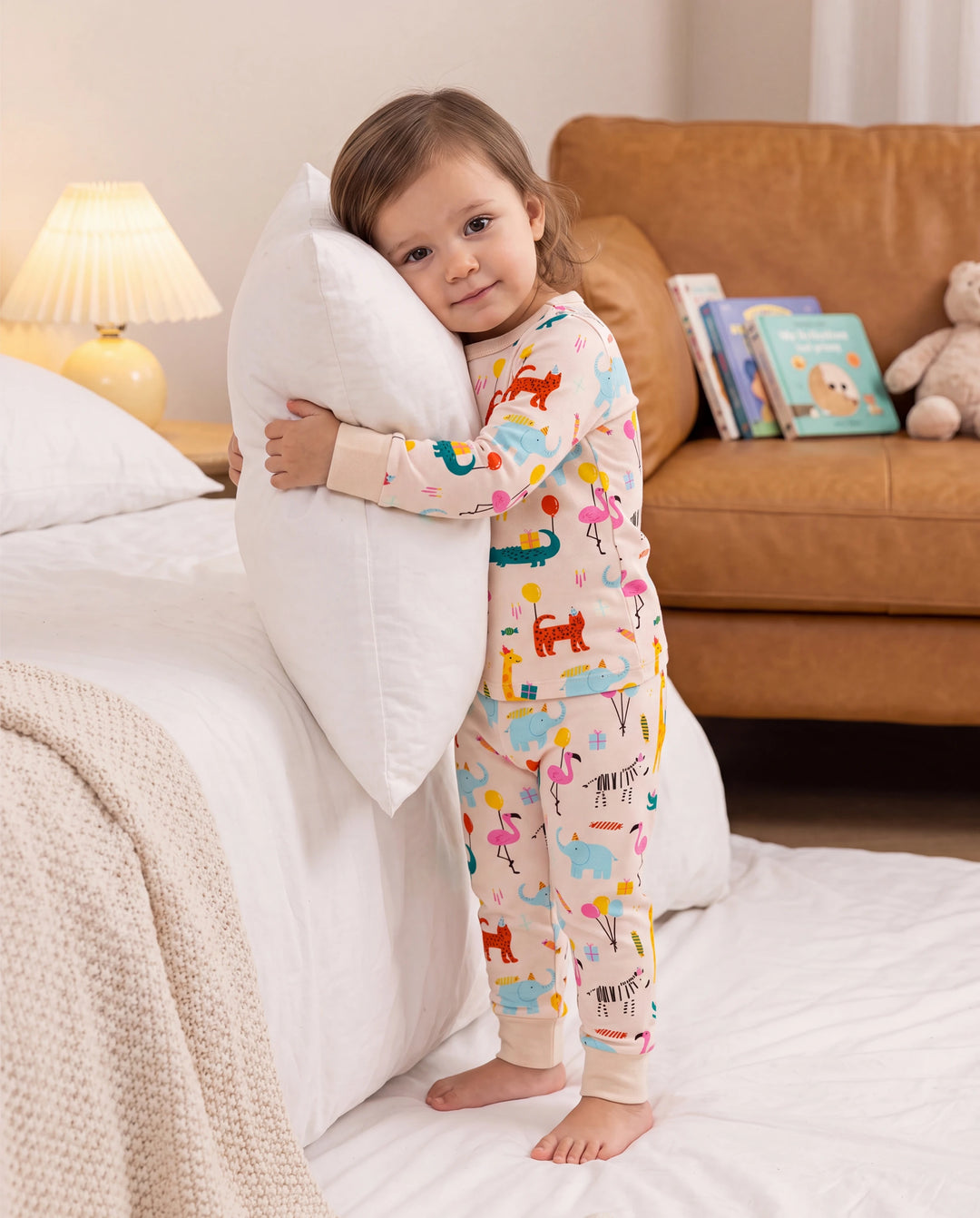 Bamboo Baby/Toddler 2-Piece Childlike Animal Print Snug-Fitting Pajamas Set Apricot