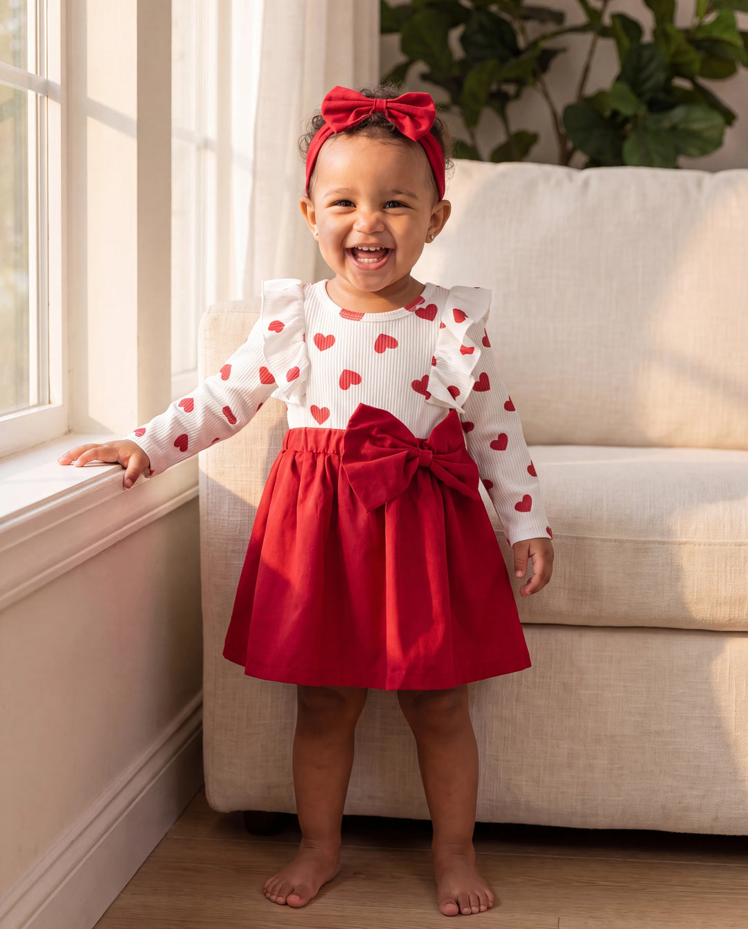 Conjunto de 2 piezas de vestido con lazo y corazón para niña, color rojo