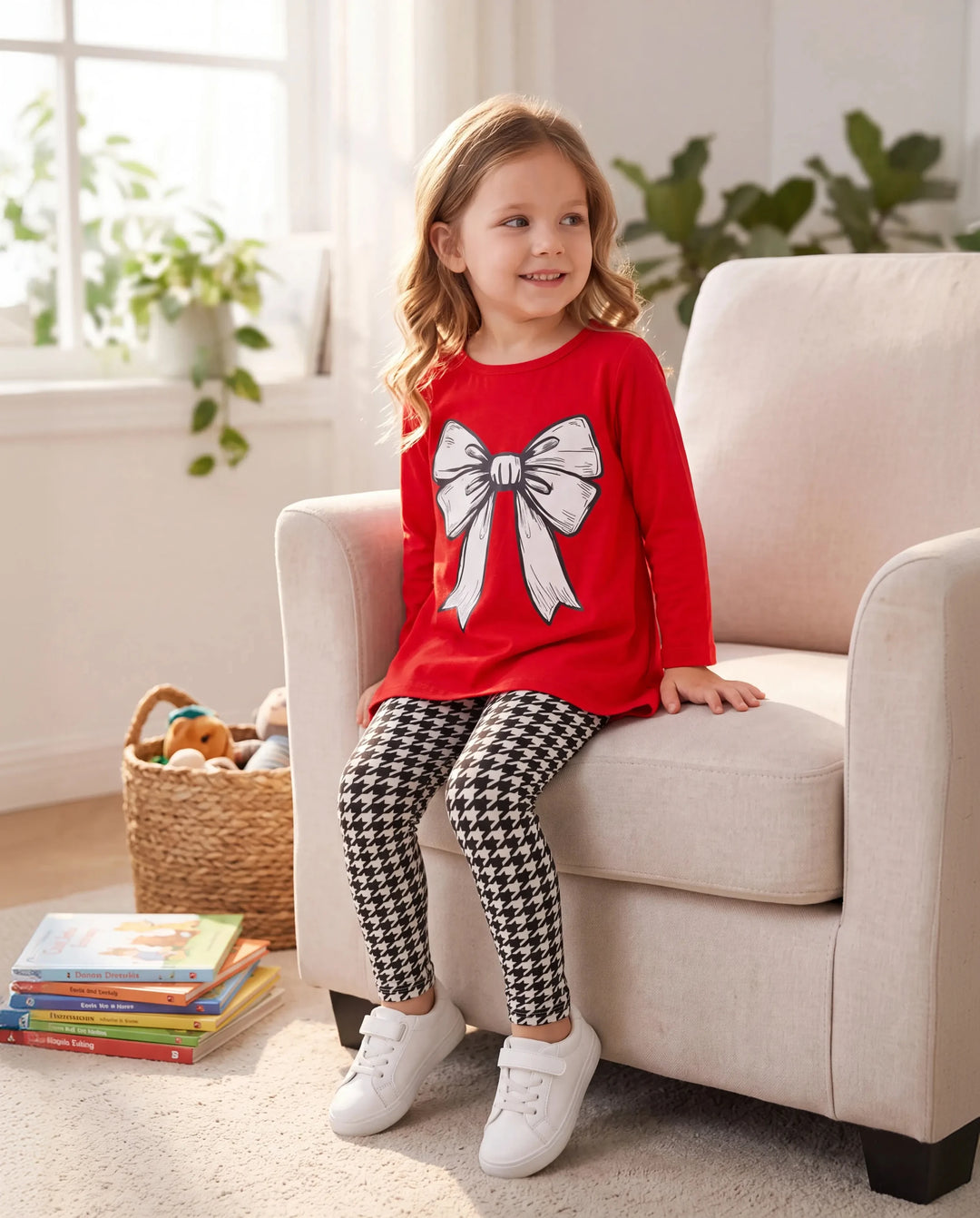 2pcs Toddler Girl Bowknot Print High Low Long-sleeve Tee and Houndstooth Leggings Set Red-2