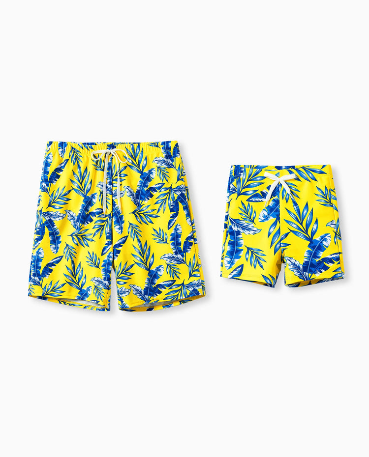 Short de bain à imprimé feuilles jaunes Daddy & Son avec option paréo Jaune
