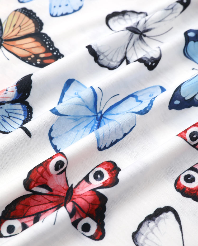 Family Matching Sets Butterfly Soft Casual Tee & Below Knee Dresses with Belted Design Blue Light Blue