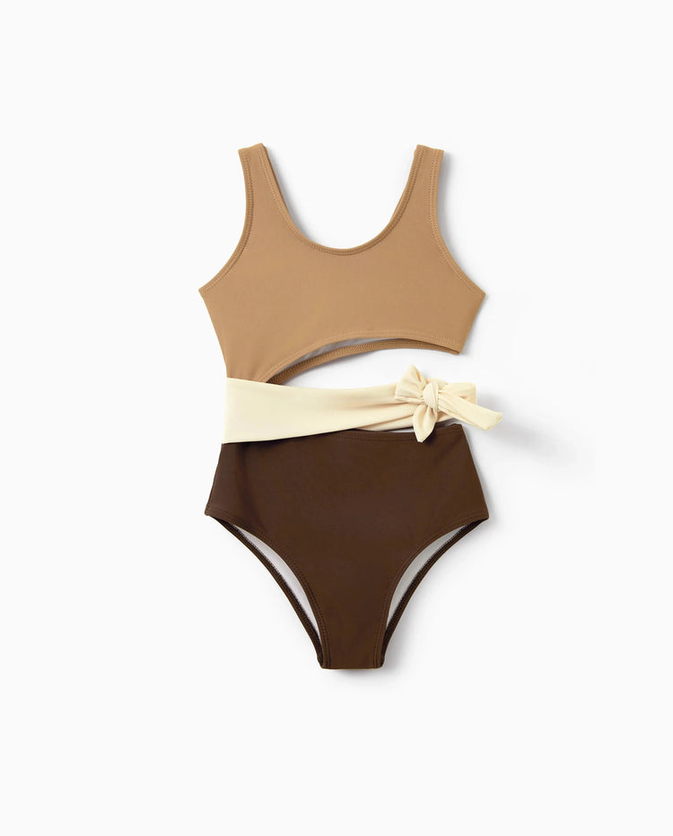 Maillots de bain bicolores pour fillettes, maillots de bain pour vacances d'été à la plage Café