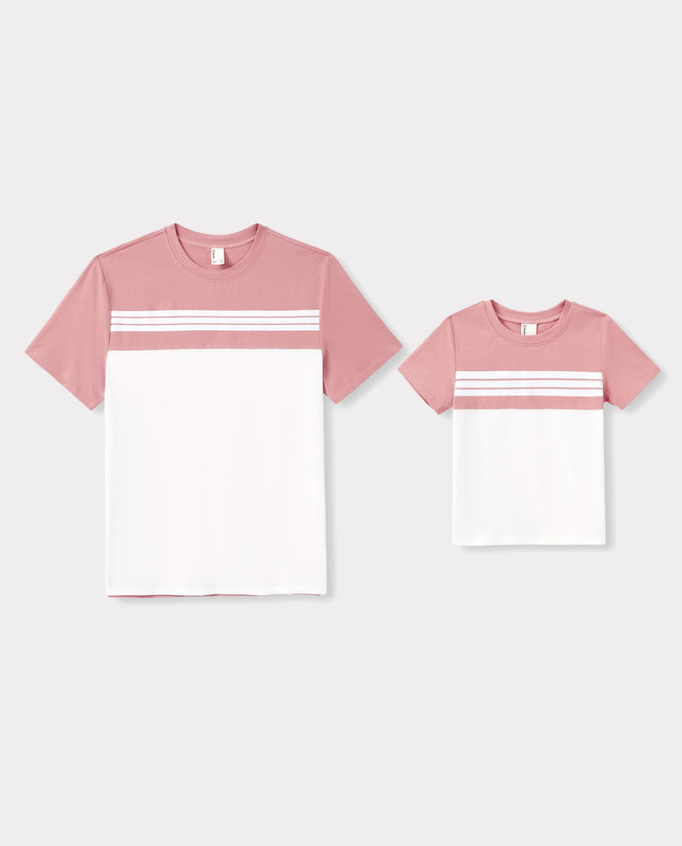 Daddy & Son Blue Cotton Colorblock Tee Shirt Set Pink
