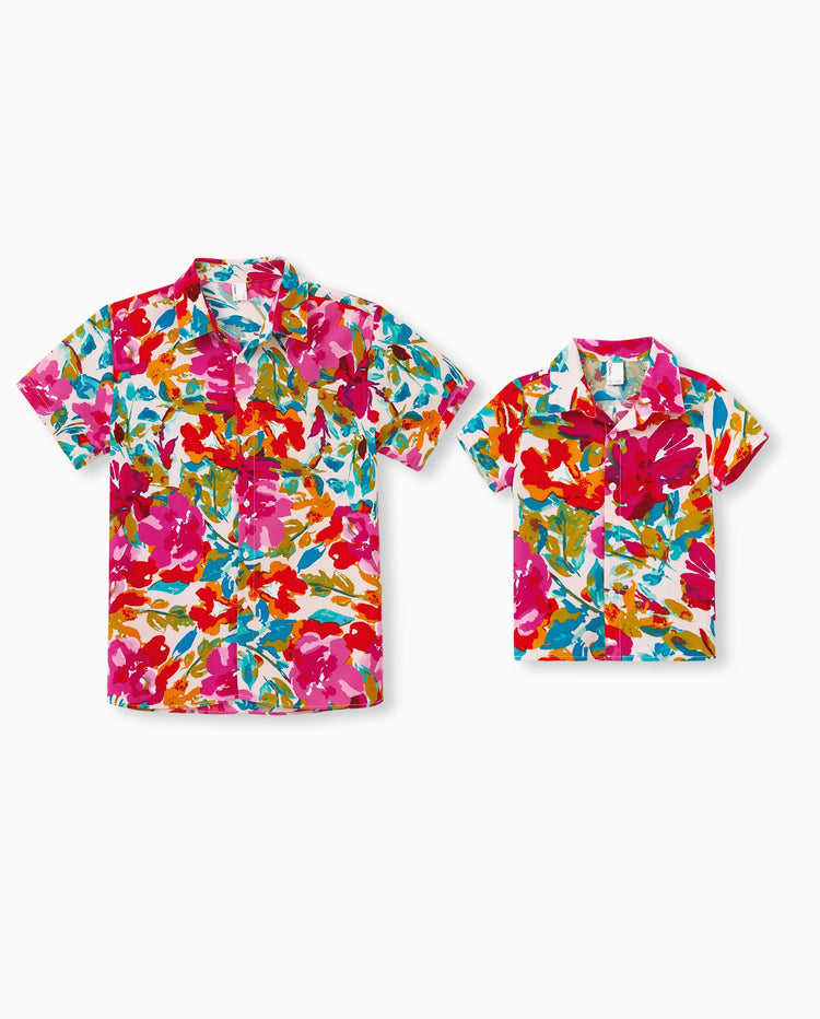 Daddy & Son Colorful Outfits Shirt Sets Summer Vacation Clothe for Beach, Photoshoots, Travel Hot Pink