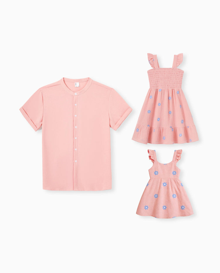 Conjuntos a juego color rosa malva para papá e hija, vestido con estampado floral para hija y camisa lisa para papá, ideal para salidas familiares y fotos de verano