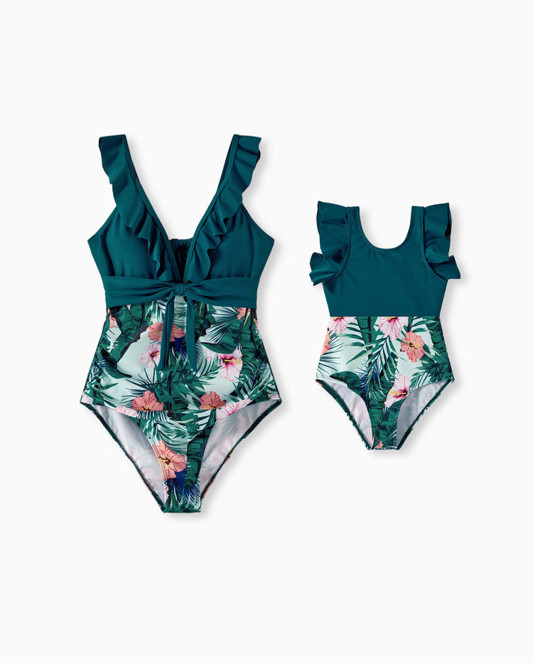 Mommy & me Plant Print Ruffle Trim Spliced One-piece Swimsuit Green