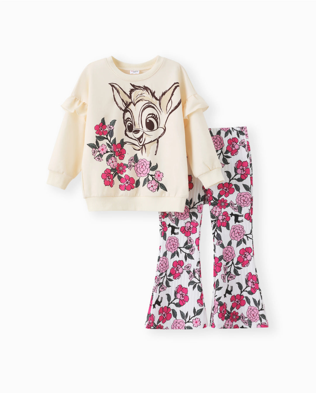 Kleinkind Mädchen 2pcs Dear Rüschen Sweatshirt und geblümt ausgestellte Hosen Set Farbblock