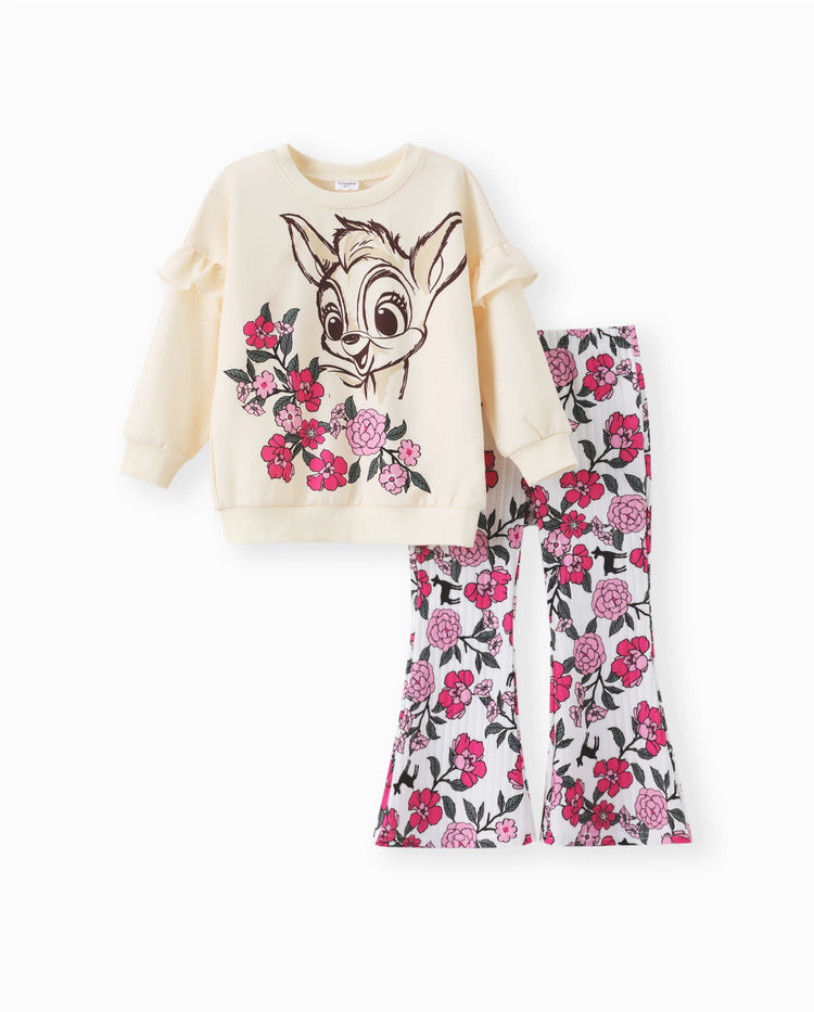 Kleinkind Mädchen 2pcs Dear Rüschen Sweatshirt und geblümt ausgestellte Hosen Set Farbblock