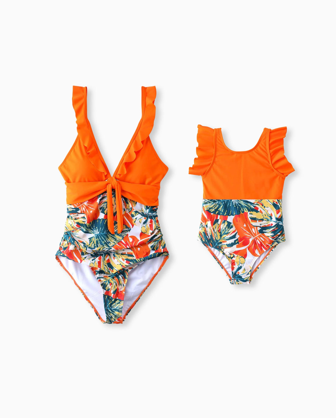 Mommy & me Orange and All Over Tropical Plant Print Splicing Ruffle One-Piece Swimsuit Orange color
