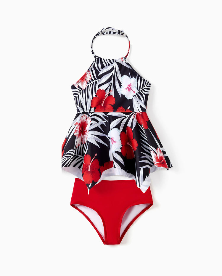 Bañador de dos piezas halter con flores tropicales para niña pequeña Negro