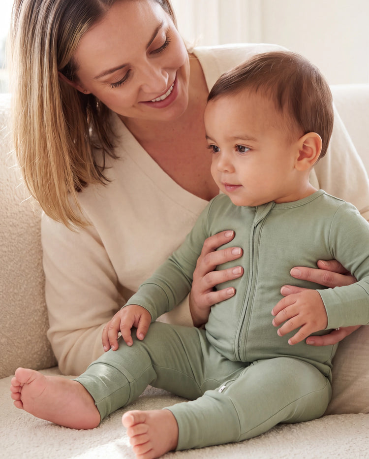 Lot de 2 grenouillères en bambou pour bébé garçon/fille à manches longues avec fermeture éclair 2 voies et pieds antidérapants imprimé animaux ou plantes naturel Vert