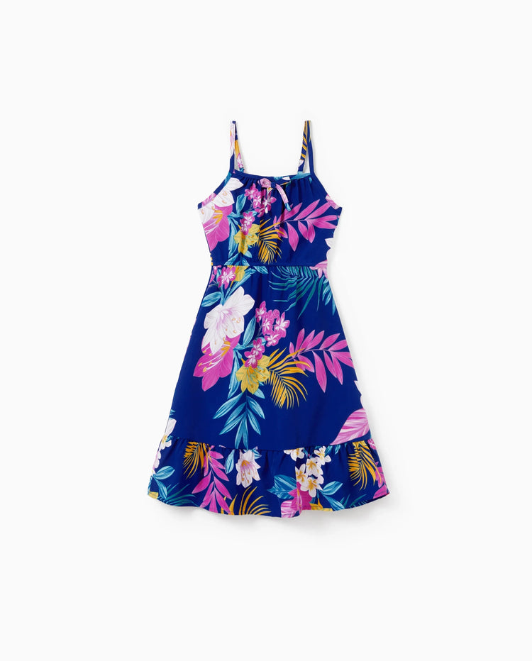 Tenues hawaïennes pour petite fille/enfant Robe à bretelles imprimé floral tropical pour les vacances Bleu profond