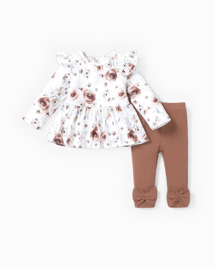 Conjunto de 2 piezas de ropa para bebé niña con mangas abullonadas y flores grandes
 Marrón