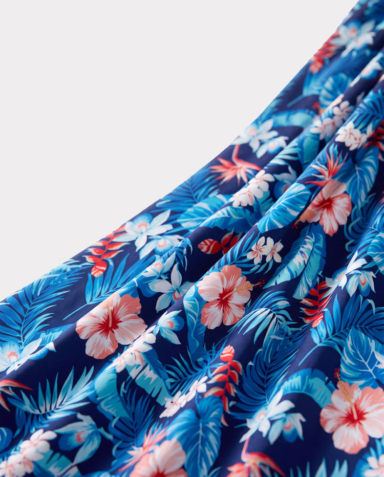 Family Matching Vacation Set Tropical Floral Print Shirt or Halter Dresses for Dad, Mom, Kids & Baby, Perfect for Summer Holidays & Family Photos Deep Blue